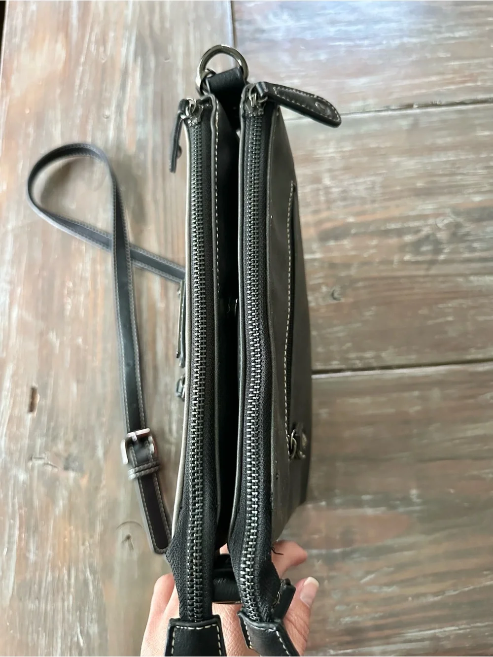 Coco + Carmen Red Plaid Crossbody with faux leather Gray Trim and Black Strap